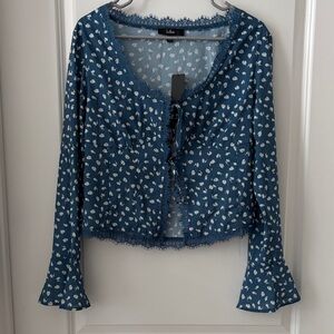 Lulu's Blue Floral Lace Trim Blouse